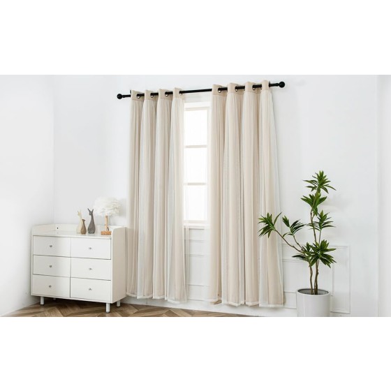 Beige Blackout Curtains with Sheer Overlay - Grommet Top Thermal and Noise Reduction Panels for Bedroom and Living Room Light Blocking and Energy Saving, 52 x 84 Inches, Set of 2