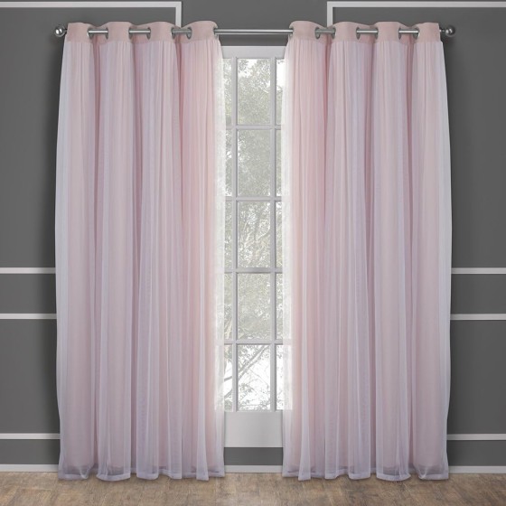 Double Layer Indoor Curtains, Sheer and Room Darkening Blackout, Grommet Top, Energy Efficient, 2-Pack Set, 52"x84", Rose Blush