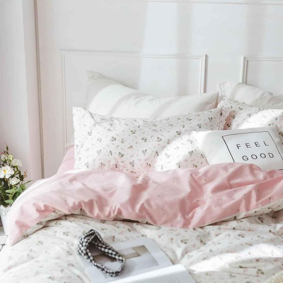Pink and White Duvet Cover full Size - 3 Pcs Floral Flower Leaf Pattern Printed Reversible Microfiber Comforter Cover Bedding Set - 80X90 Soft Aesthetic Cottage Preppy Bedroom Decor for Women Men