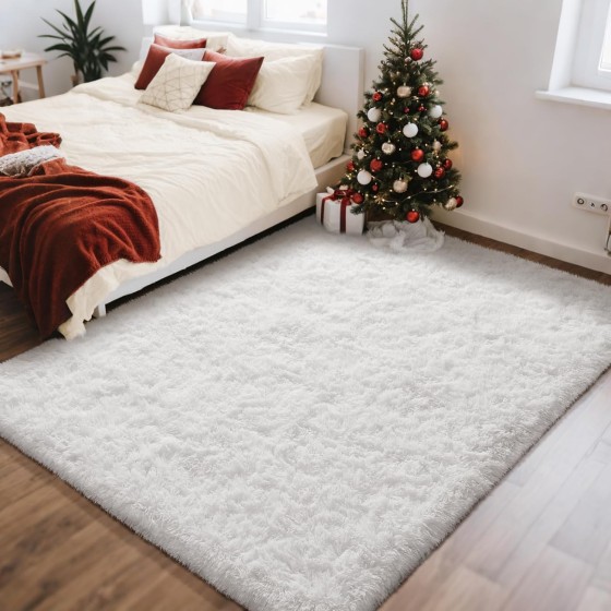 White Rugs for Bedroom Fluffy, 4x6 Nursery Soft Fuzzy Shag Plush Shaggy Bedside Area Rug, Living Room Carpet for Girls Kids Baby Teen Dorm Home Decor Aesthetic