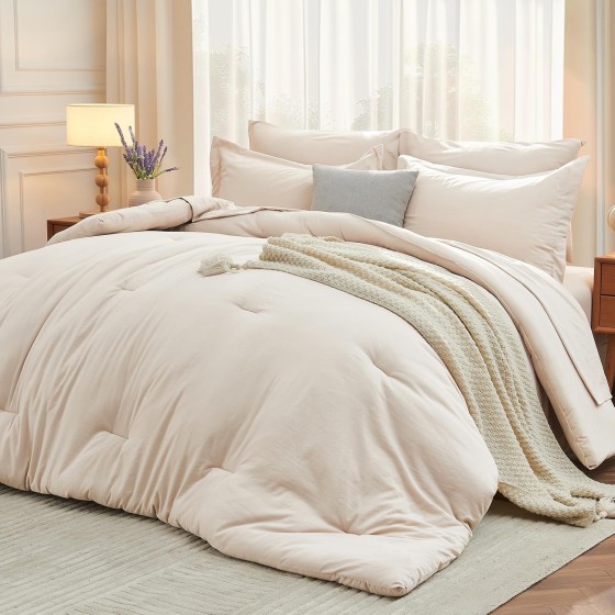 Pieces Queen Comforter Set, Soft Bed in a Bag Queen Size, All Season Bedding Set with Comforter, Flat Sheet, Fitted Sheet, Pillowcases & Shams, Beige