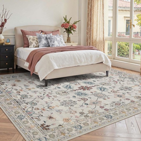 5x7 Area Rugs for Bedroom & Living Room - Washable Floral Boho Vintage Rug,Soft & Non-Slip,Low Pile Wool Carpet for Indoor Dining Room,Girls Room,Nursery Room and Kids Room(Grey)
