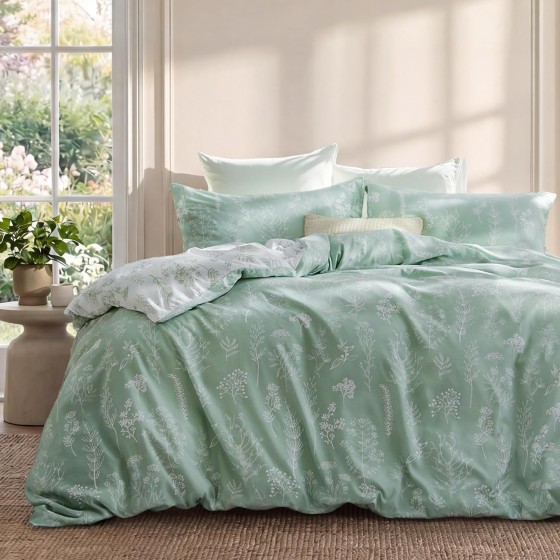 Duvet Cover Queen Size - Reversible Green Queen Duvet Cover Set with Zipper Closure, 3 Pieces Floral Patterned Bedding Set with 8 Corner Ties and 2 Pillow Shams