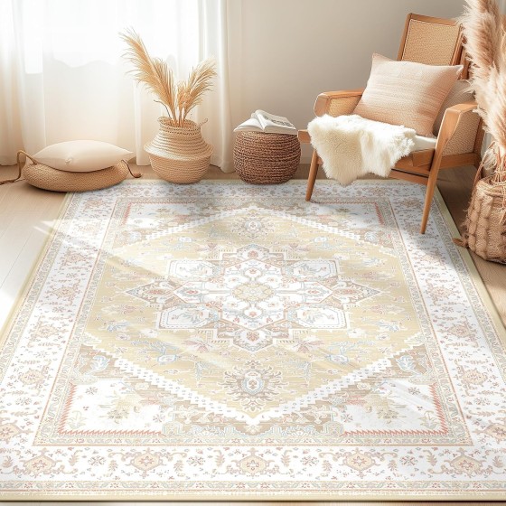 5x7 Area Rugs for Living Room Washable Non Slip Carpet Low Pile Soft Vintage Print Pattern Rug for Bedroom Dining Room Kitchen Entryway Indoor