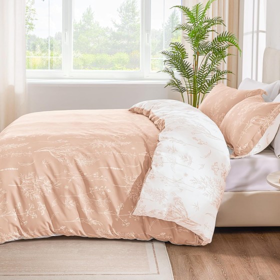 Pink Full Size Comforter Set - Full Comforter Set, 3 Pieces Cute Floral Bedding Sets for All Seasons,1 Soft Reversible Botanical Flowers Comforter and 2 Pillow Shams