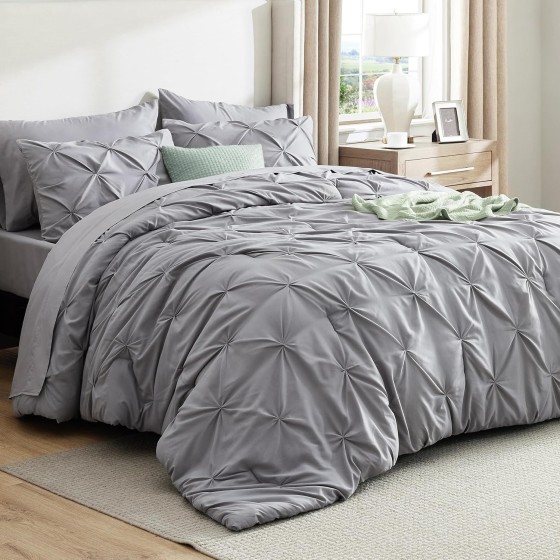 Queen Comforter Set Grey - Bed in a Bag Queen Size Bedding 7 Pieces, GentleSoft™ Pintuck Bed Set Gift for Family, All Season Down Alternative Comforter with Sheets, Pillowcases & Shams